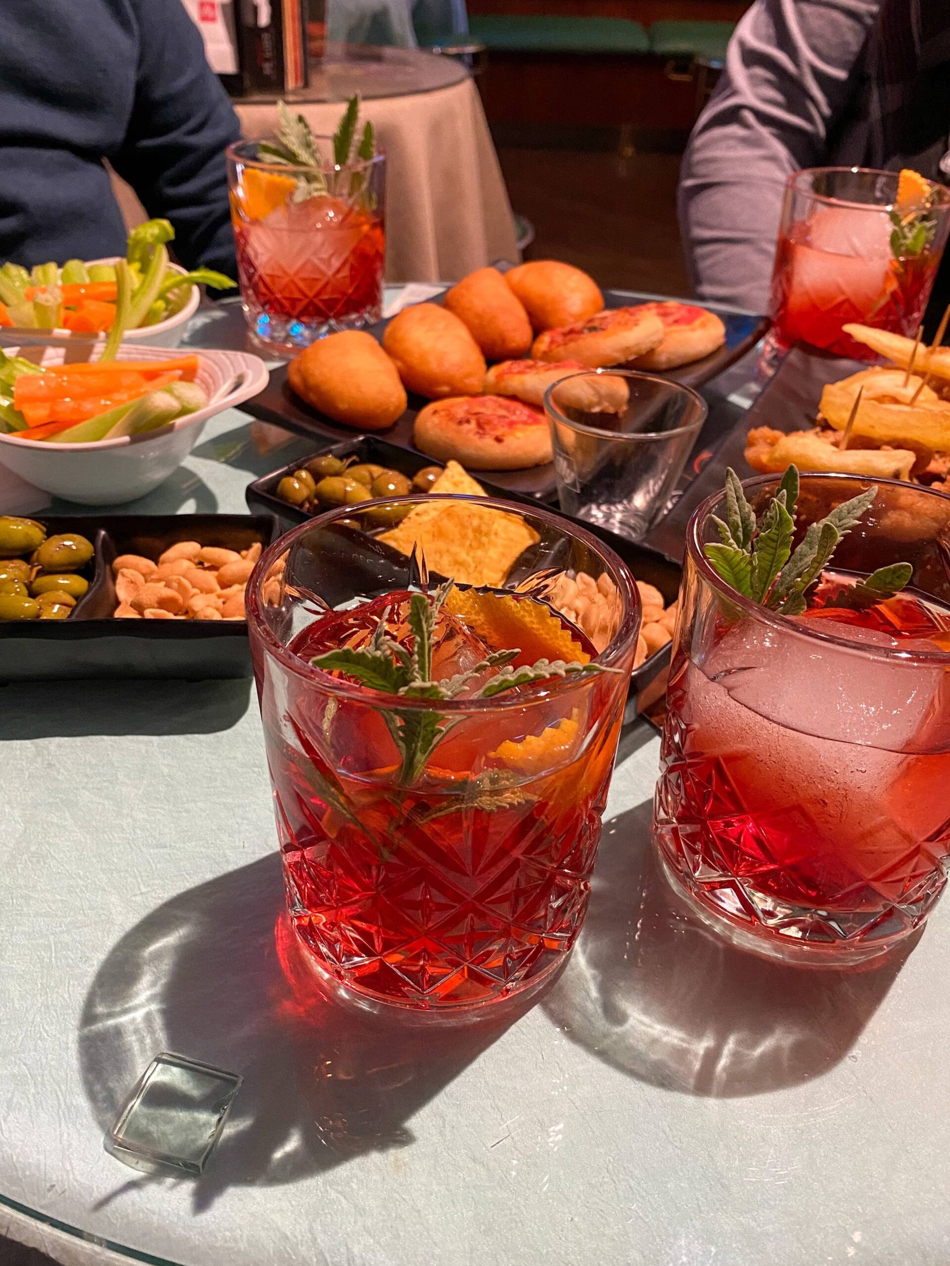 Italian aperitivo, Spritz, Negroni sbagliato, and appetizer