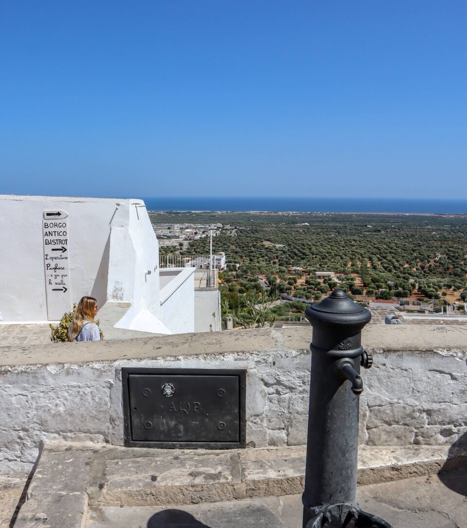 The view from the house with the Blue door in Ostuni with the stairs that lead to Borgo Antico Bistrot