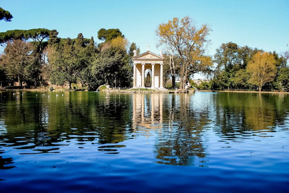 Lake in Villa Borghese Garden, with the Temple of Aesculapius on an artificial island. 